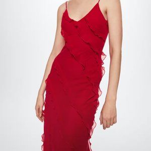 MANGO Red Maxi Dress Chiffon Ruffle Valentines Date Night NWOT Size 4